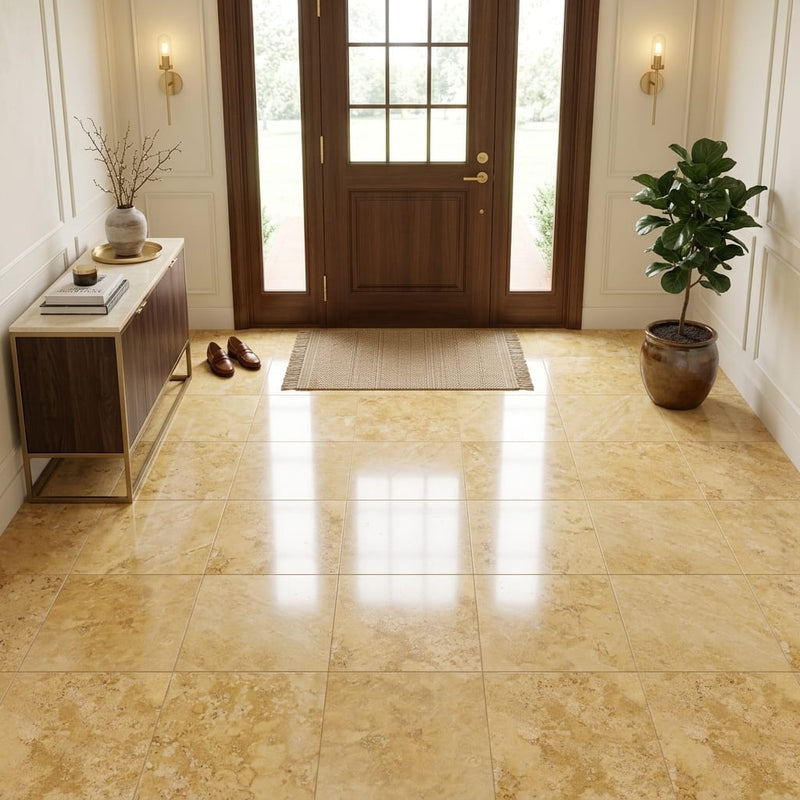 Gold / Yellow Gold Travertine 18x18 Filled & Polished Travertine Tile — Foyer floor