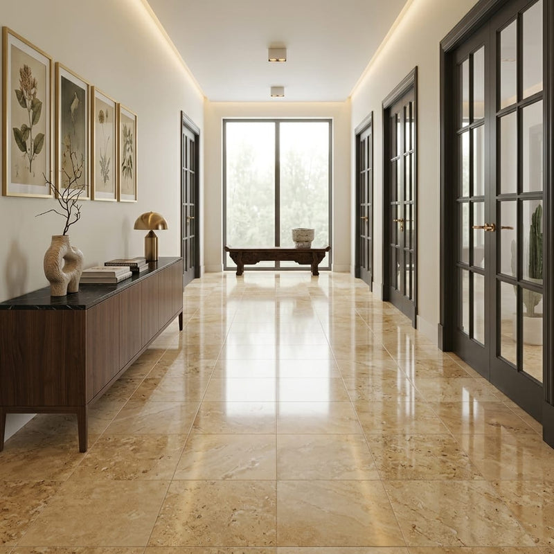 Gold / Yellow Gold Travertine 18x18 Filled & Polished Travertine Tile — Hallway floor