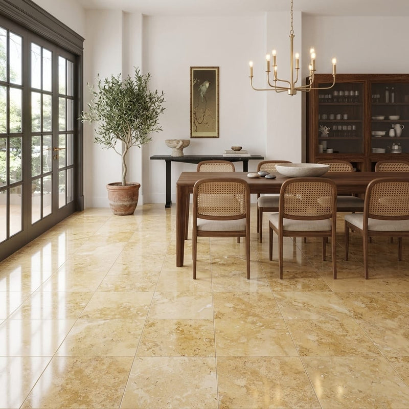 Gold / Yellow Gold Travertine 18x18 Filled & Polished Travertine Tile — Living Room floor