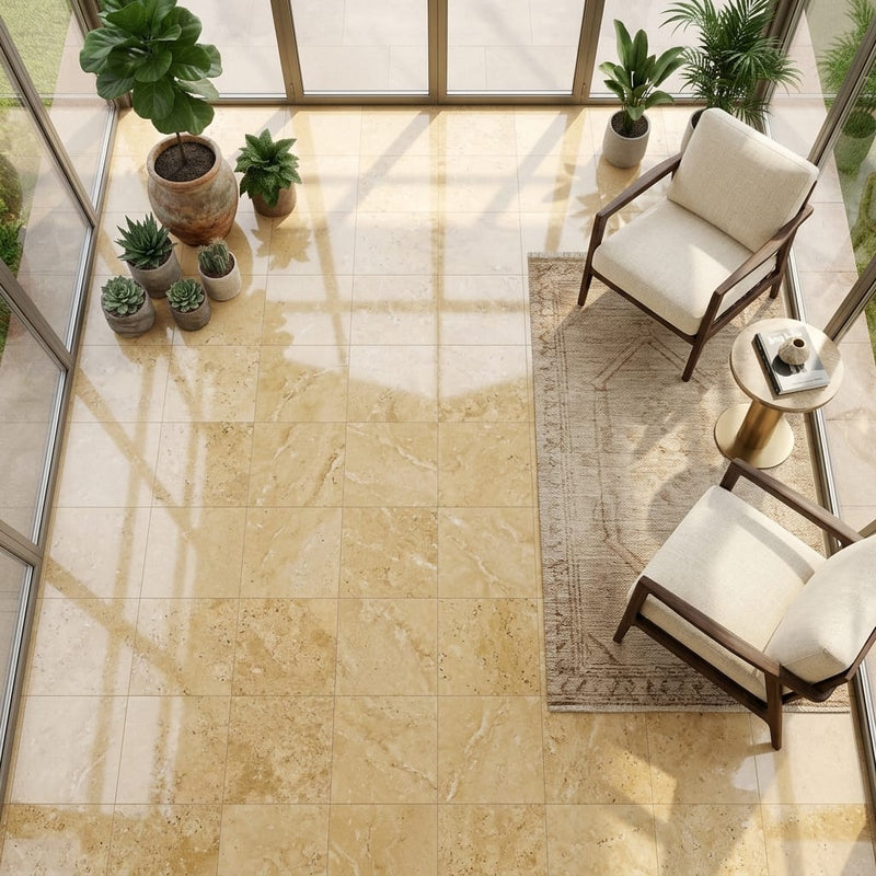 Gold / Yellow Gold Travertine 18x18 Filled & Polished Travertine Tile — Sunroom floor