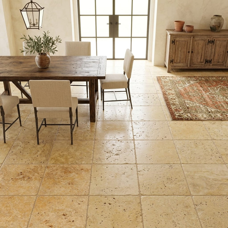 Gold / Yellow Gold Travertine 18x18 Tumbled Travertine Tile — Dining Room floor