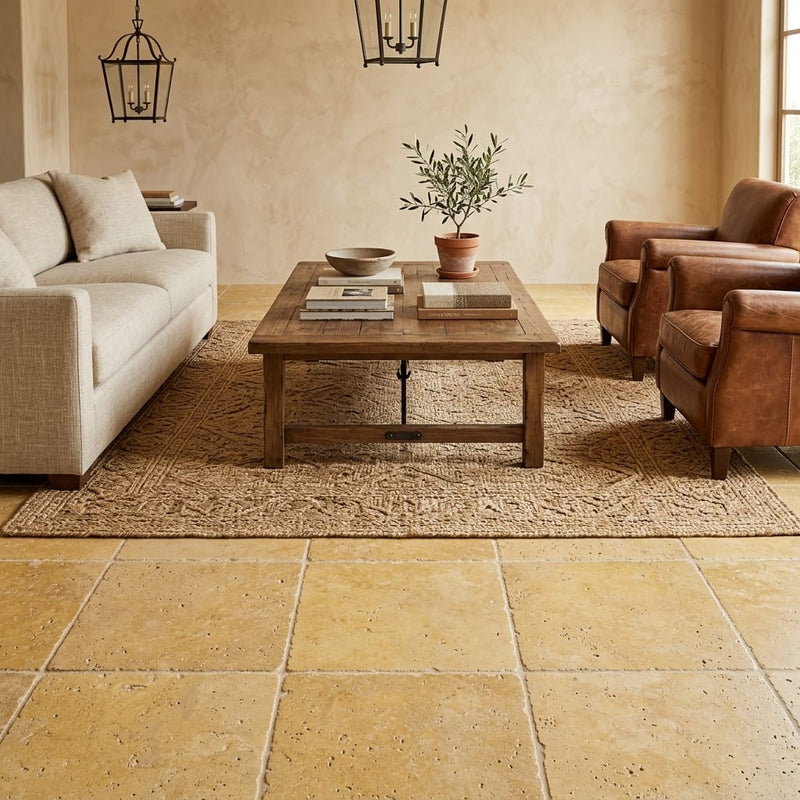 Gold / Yellow Gold Travertine 18x18 Tumbled Travertine Tile — Family Room floor