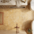 Gold / Yellow Gold Travertine 2x2 Tumbled Travertine Hexagon Mosaic — Bathroom floor