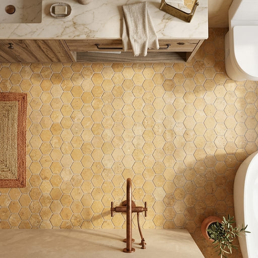 Gold / Yellow Gold Travertine 2x2 Tumbled Travertine Hexagon Mosaic — Bathroom floor