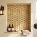 Gold / Yellow Gold Travertine 2x2 Tumbled Travertine Hexagon Mosaic — Bathroom niche