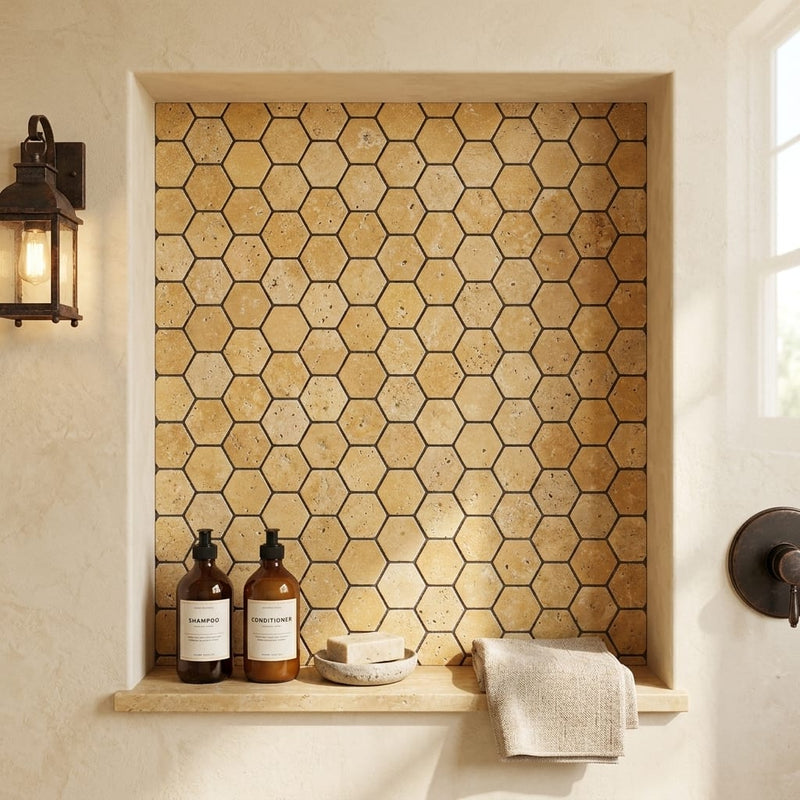 Gold / Yellow Gold Travertine 2x2 Tumbled Travertine Hexagon Mosaic — Bathroom niche