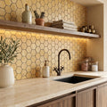 Gold / Yellow Gold Travertine 2x2 Tumbled Travertine Hexagon Mosaic — Kitchen backsplash