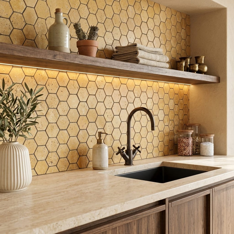 Gold / Yellow Gold Travertine 2x2 Tumbled Travertine Hexagon Mosaic — Kitchen backsplash