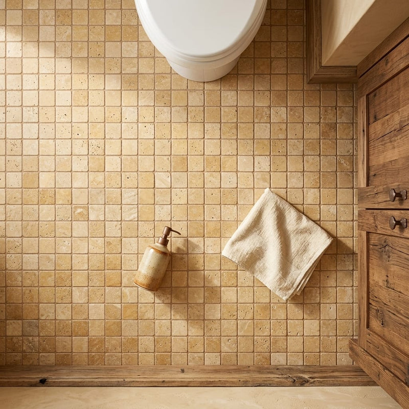 Gold / Yellow Gold Travertine 2x2 Tumbled Travertine Mosaic — Bathroom floor