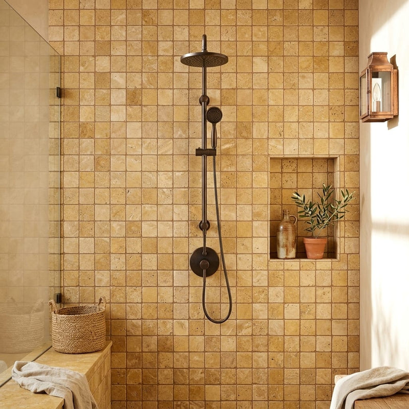 Gold / Yellow Gold Travertine 2x2 Tumbled Travertine Mosaic — Bathroom shower wall