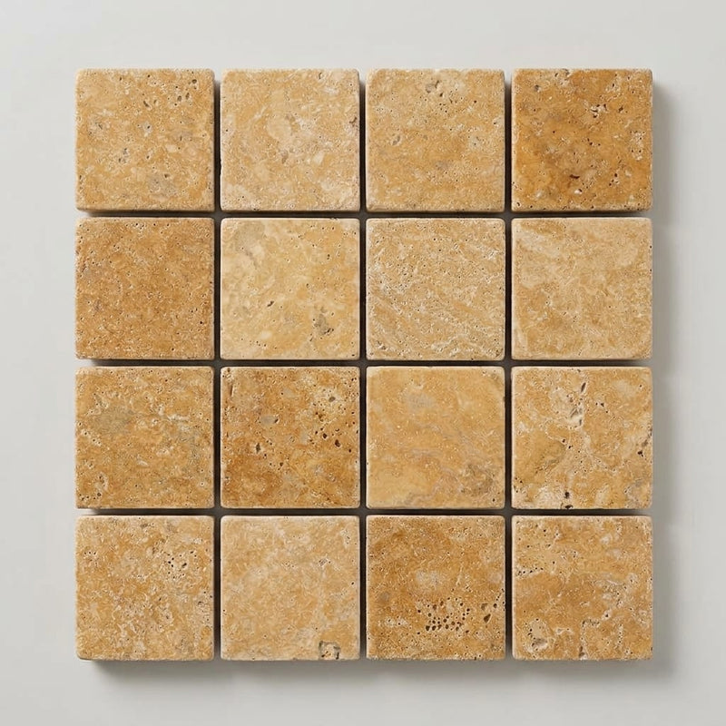 Gold / Yellow Gold Travertine 2x2 Tumbled Travertine Mosaic close-up