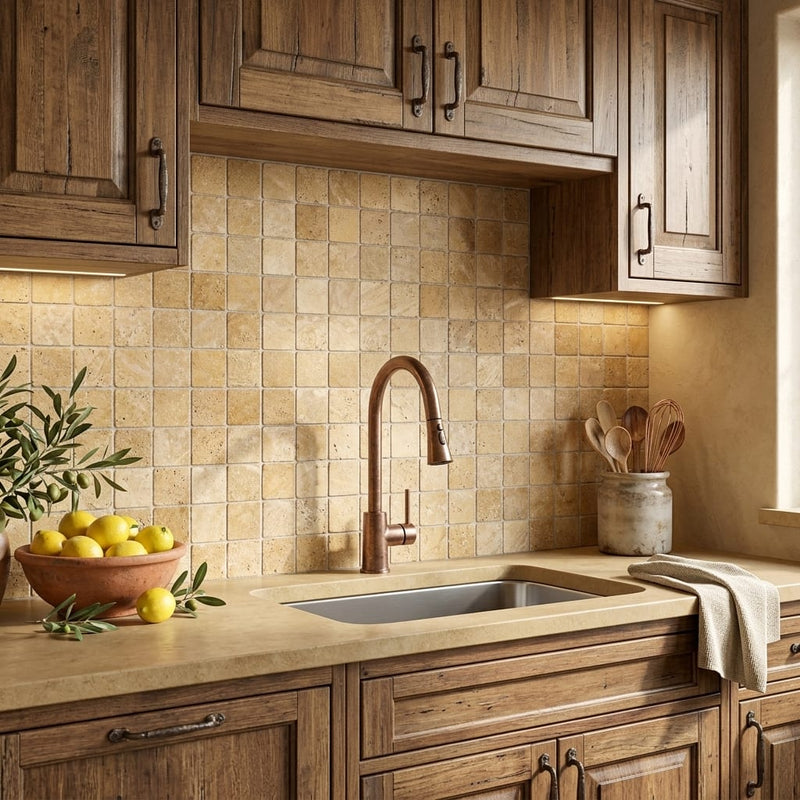 Gold / Yellow Gold Travertine 2x2 Tumbled Travertine Mosaic — Kitchen backsplash