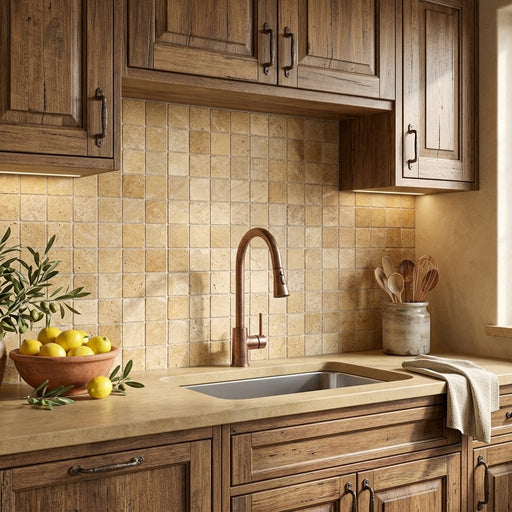 Gold / Yellow Gold Travertine 2x2 Tumbled Travertine Mosaic — Kitchen backsplash