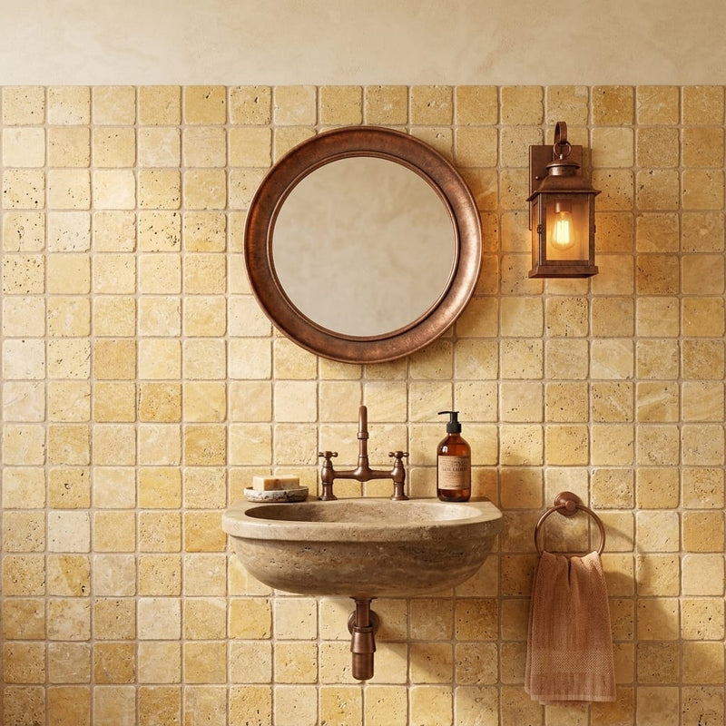 Gold / Yellow Gold Travertine 2x2 Tumbled Travertine Mosaic — Powder Room wall