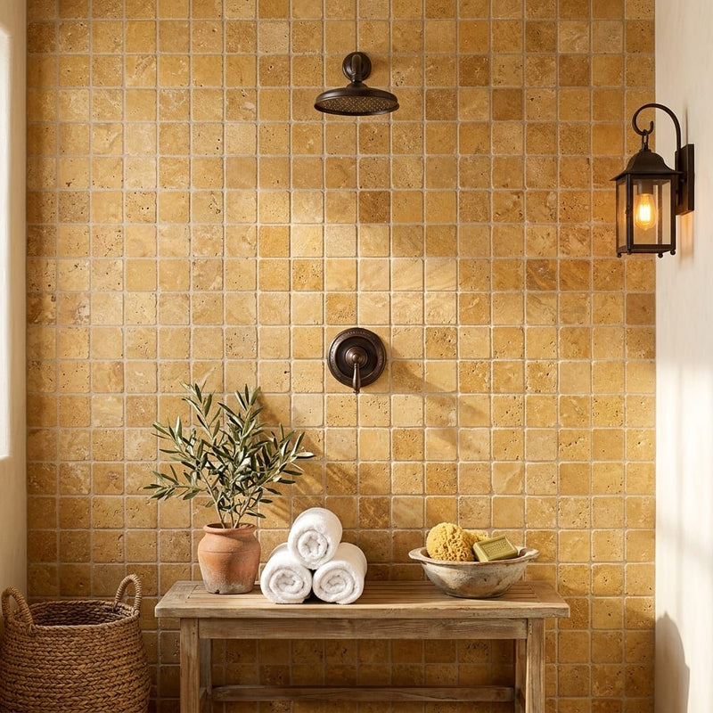 Gold / Yellow Gold Travertine 2x2 Tumbled Travertine Mosaic — Spa spa interior