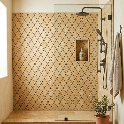 Gold / Yellow Gold Travertine 2x4 Tumbled Travertine Diamond / Rhomboid Mosaic — Bathroom shower wall