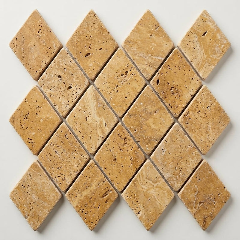 Gold / Yellow Gold Travertine 2x4 Tumbled Travertine Diamond / Rhomboid Mosaic close-up