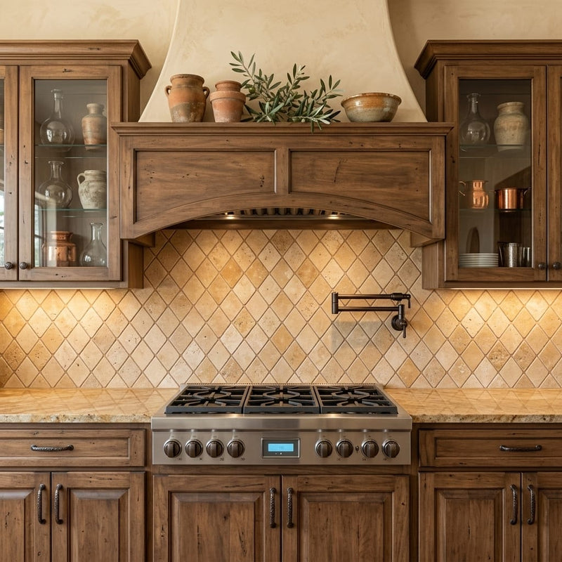 Gold / Yellow Gold Travertine 2x4 Tumbled Travertine Diamond / Rhomboid Mosaic — Kitchen backsplash