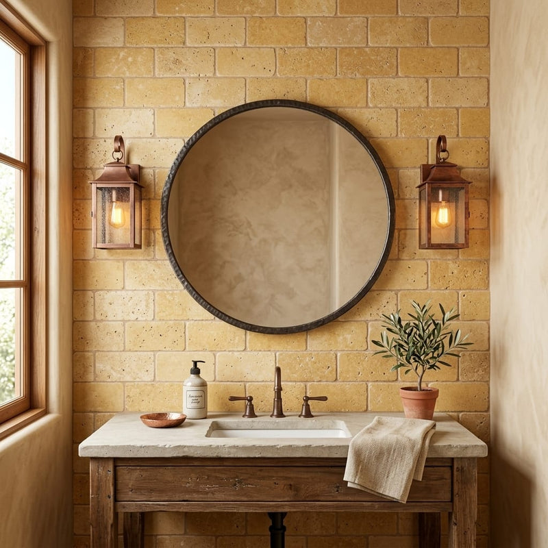 Gold / Yellow Gold Travertine 3x6 Tumbled Travertine Tile — Bathroom wall