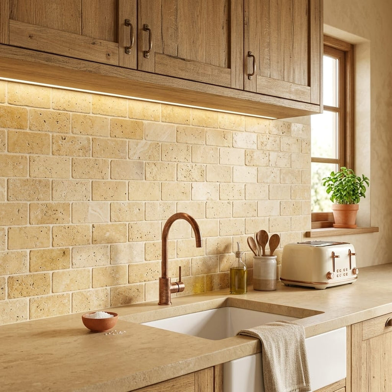 Gold / Yellow Gold Travertine 3x6 Tumbled Travertine Tile — Kitchen backsplash
