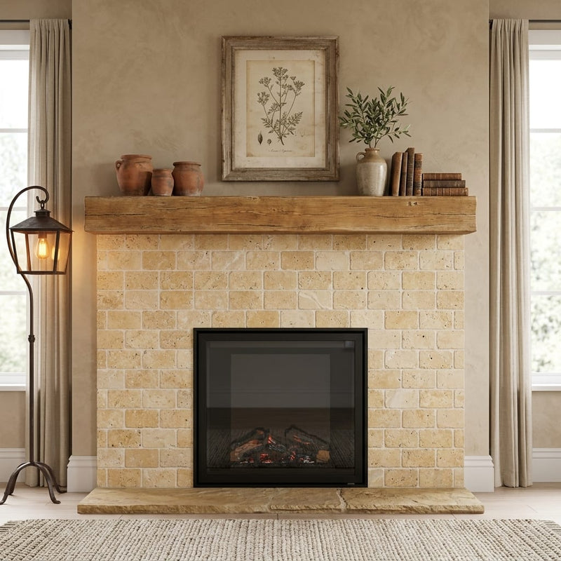 Gold / Yellow Gold Travertine 3x6 Tumbled Travertine Tile — Living Room fireplace surround