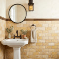 Gold / Yellow Gold Travertine 3x6 Tumbled Travertine Tile — Powder Room wainscot
