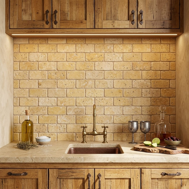Gold / Yellow Gold Travertine 3x6 Tumbled Travertine Tile — Wet Bar backsplash