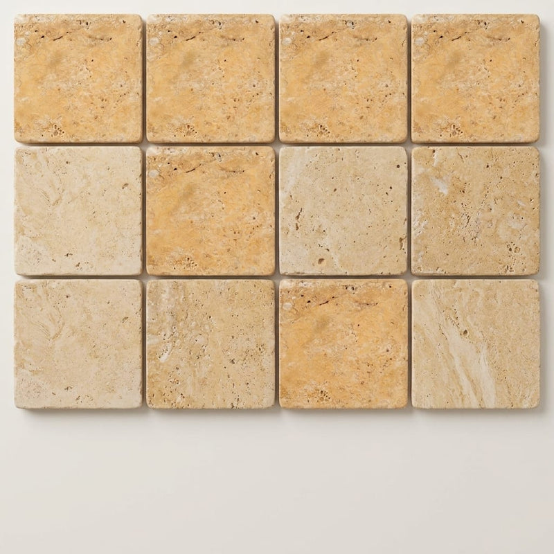 Gold / Yellow Gold Travertine 4x4 Tumbled Travertine Tile close-up