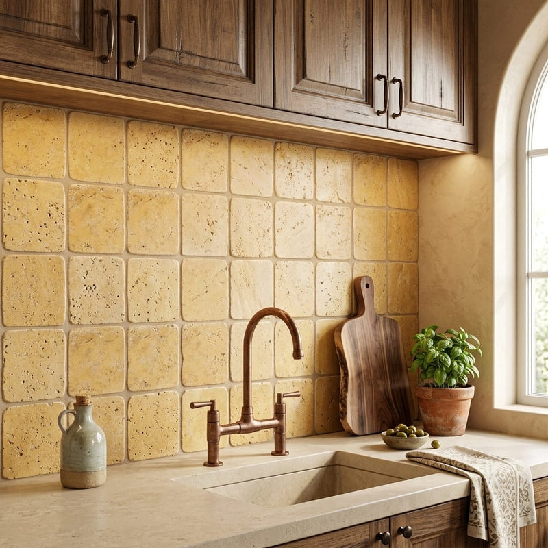 Gold / Yellow Gold Travertine 4x4 Tumbled Travertine Tile — Kitchen backsplash