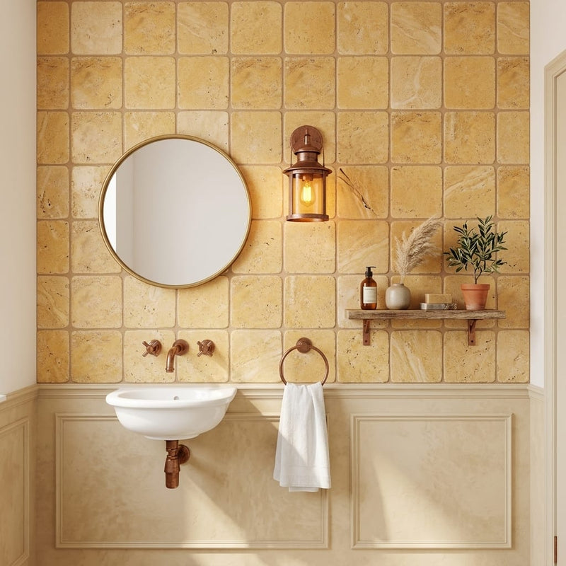 Gold / Yellow Gold Travertine 4x4 Tumbled Travertine Tile — Powder Room wall