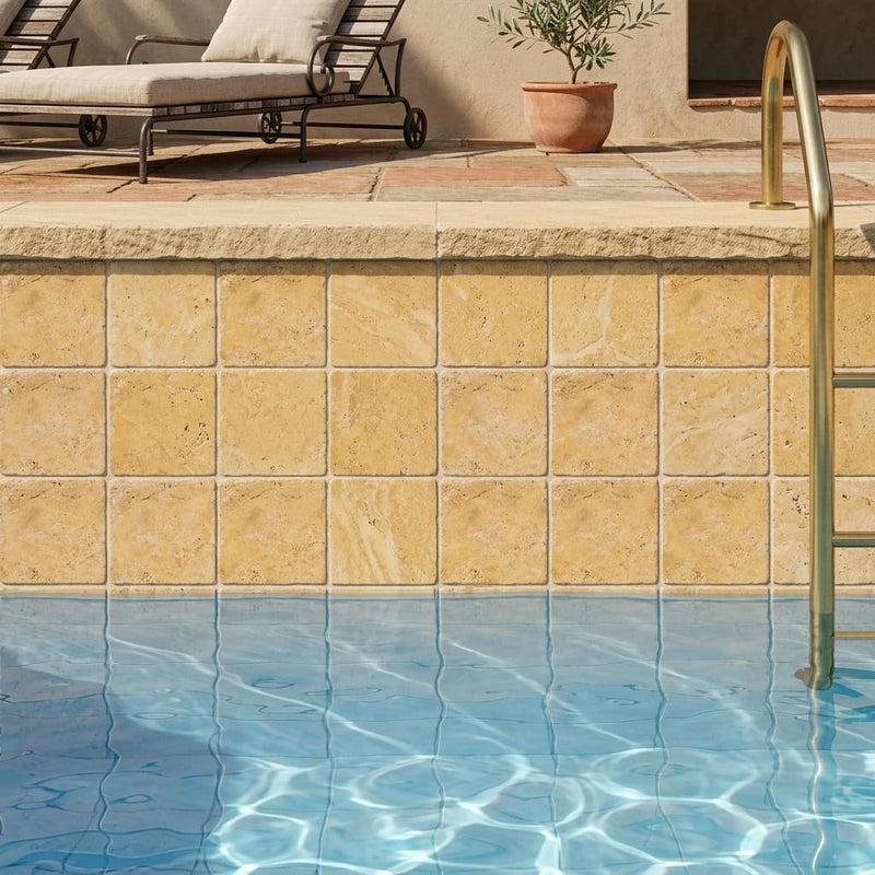 Gold / Yellow Gold Travertine 4x4 Tumbled Travertine Tile — Swimming Pool waterline
