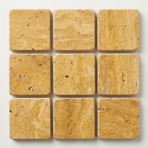 Gold / Yellow Gold Travertine 5/8x5/8 Tumbled Travertine Mosaic close-up