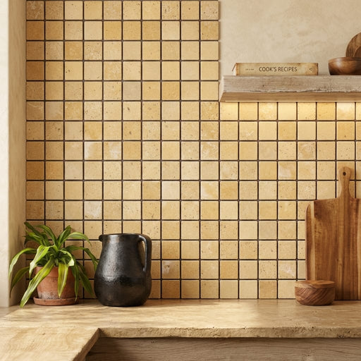 Gold / Yellow Gold Travertine 5/8x5/8 Tumbled Travertine Mosaic — Kitchen backsplash