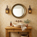 Gold / Yellow Gold Travertine 5/8x5/8 Tumbled Travertine Mosaic — Powder Room wall