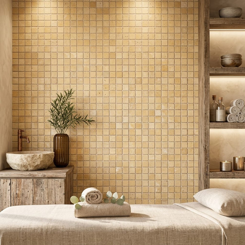 Gold / Yellow Gold Travertine 5/8x5/8 Tumbled Travertine Mosaic — Spa spa interior