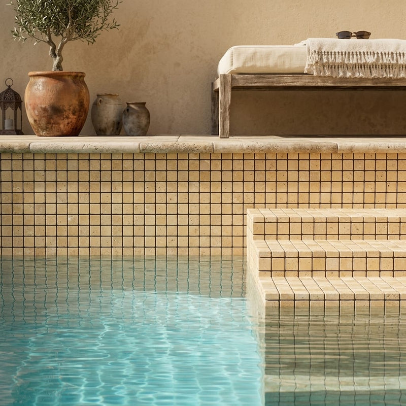 Gold / Yellow Gold Travertine 5/8x5/8 Tumbled Travertine Mosaic — Swimming Pool pool interior tiling