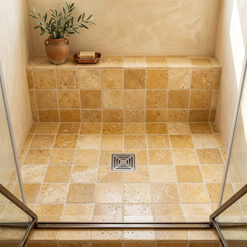 Gold / Yellow Gold Travertine 6x6 Tumbled Travertine Tile — Bathroom shower floor