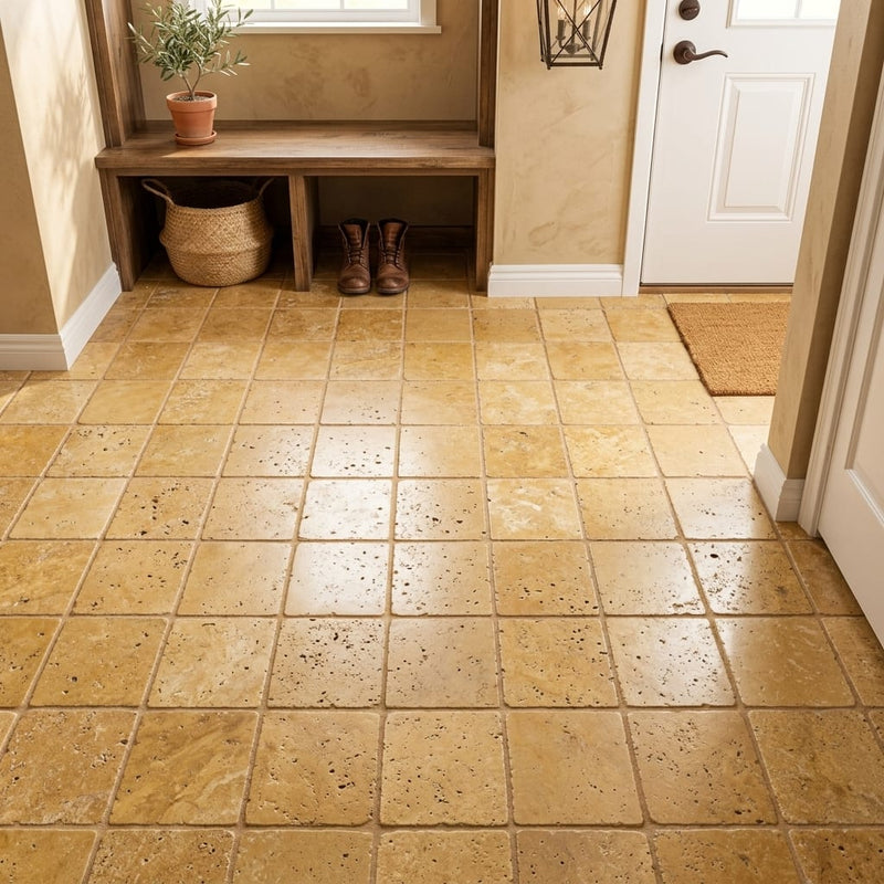 Gold / Yellow Gold Travertine 6x6 Tumbled Travertine Tile — Mudroom floor
