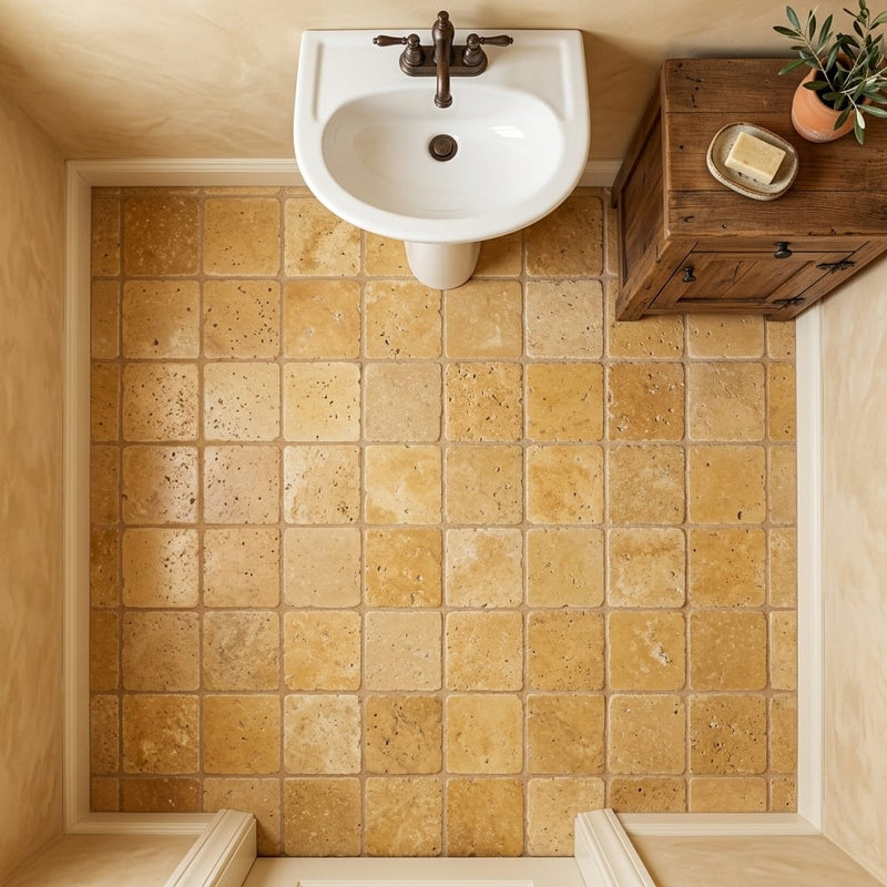 Gold / Yellow Gold Travertine 6x6 Tumbled Travertine Tile — Powder Room floor