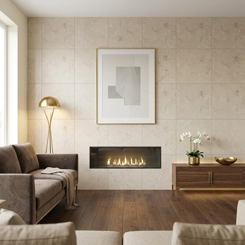 Golden Sand 24x24 Brushed Marble Tile — Living Room feature wall
