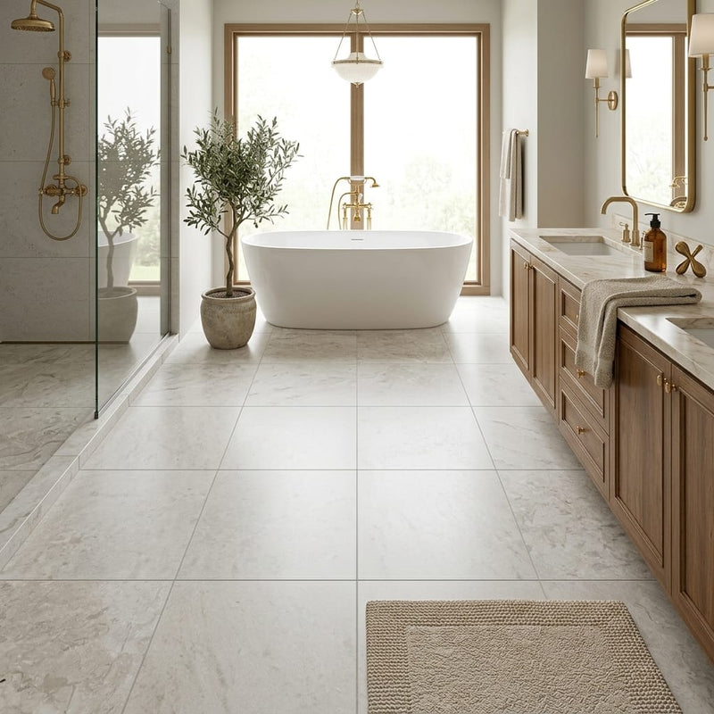 Golden Sand 24x24 Brushed Marble Tile — Primary Bath floor