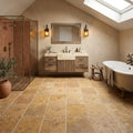 Golden Sienna 12x12 Tumbled Textured Travertine Tile — Bathroom floor