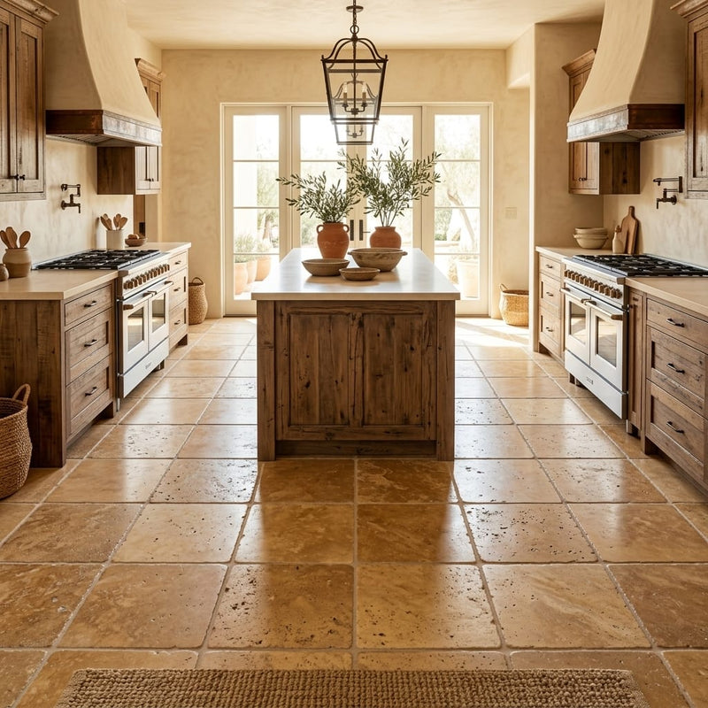 Golden Sienna 12x12 Tumbled Textured Travertine Tile — Kitchen floor