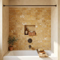 Golden Sienna 3x6 Tumbled Textured Travertine Tile — Bathroom tub surround