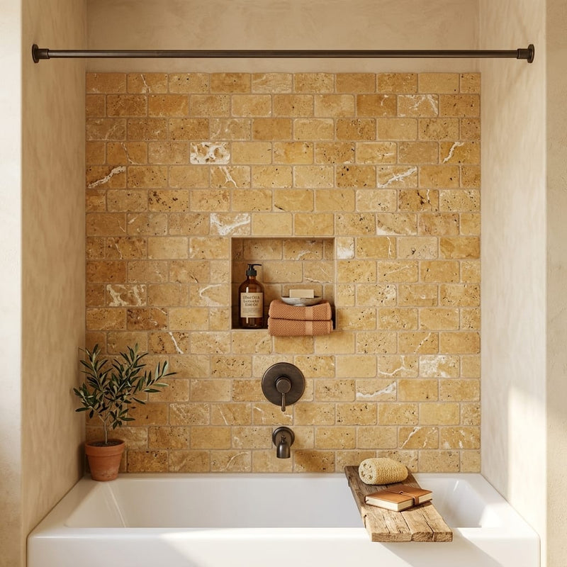 Golden Sienna 3x6 Tumbled Textured Travertine Tile — Bathroom tub surround