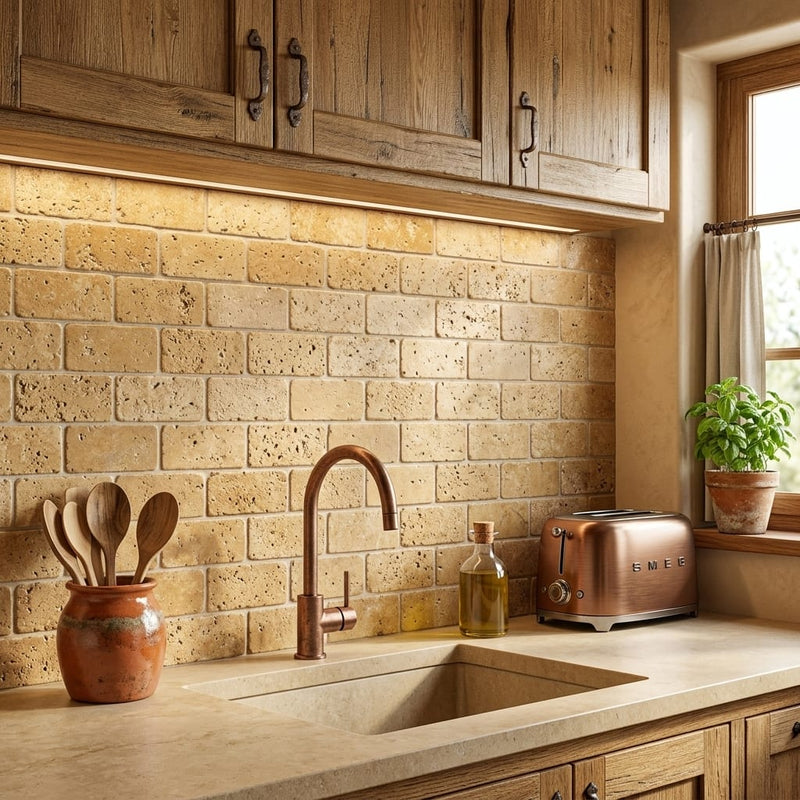 Golden Sienna 3x6 Tumbled Textured Travertine Tile — Kitchen backsplash