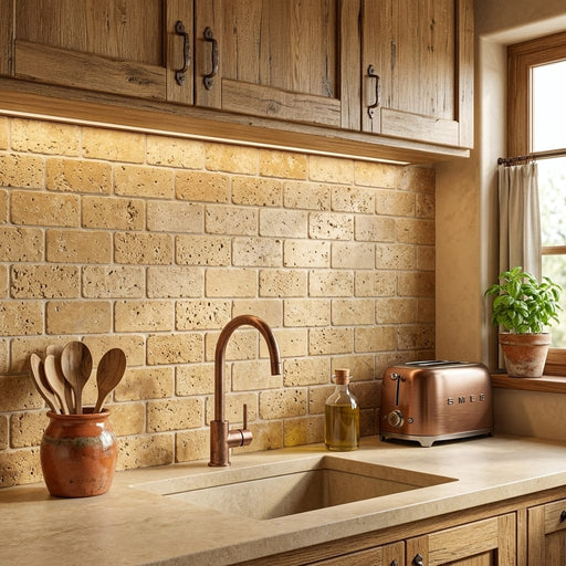 Golden Sienna 3x6 Tumbled Textured Travertine Tile — Kitchen backsplash