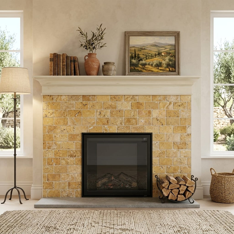 Golden Sienna 3x6 Tumbled Textured Travertine Tile — Living Room fireplace surround