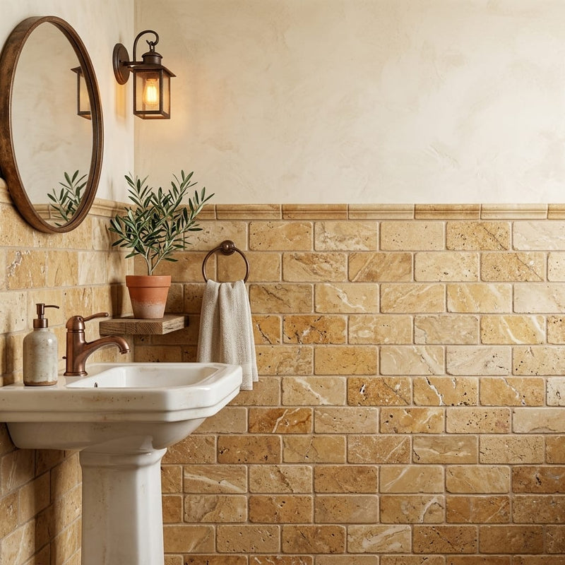Golden Sienna 3x6 Tumbled Textured Travertine Tile — Powder Room wainscot