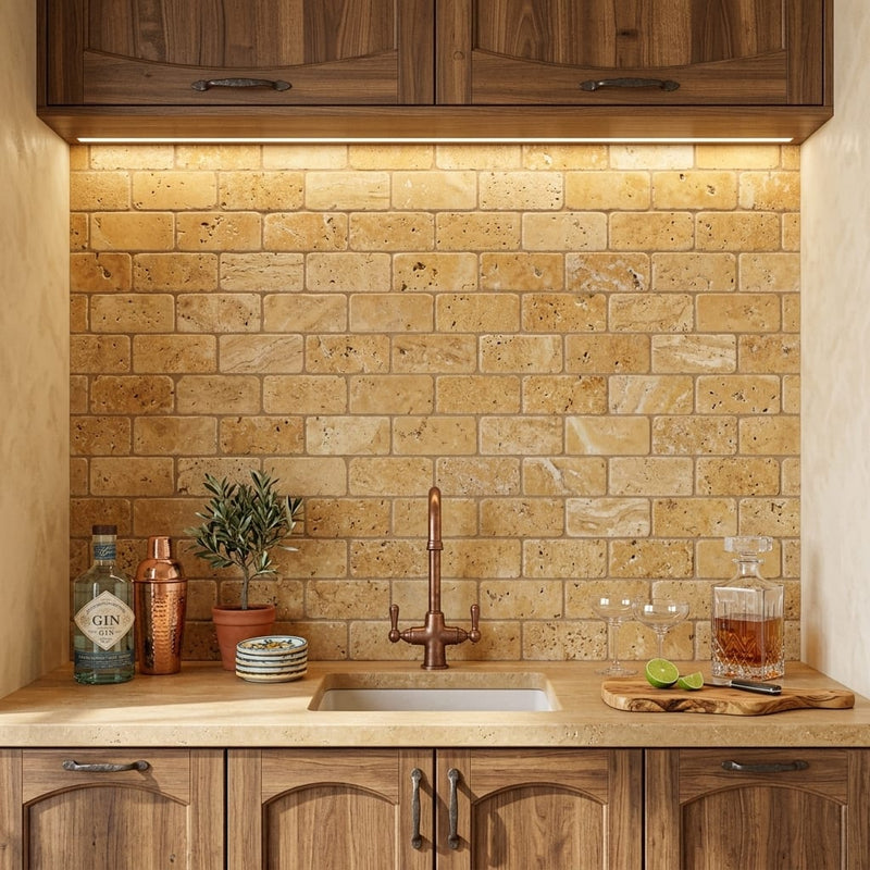 Golden Sienna 3x6 Tumbled Textured Travertine Tile — Wet Bar backsplash